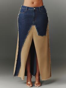 NYA SZN Women's Colorblock Pocket Frayed Hem Split Denim Skirt - Multicolor - View 1