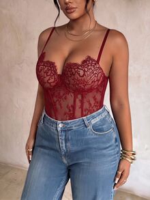 Firerie Plus Size Sexy Lace Boning Slim Fit Bodysuit For Hot Girls - Burgundy - View 5