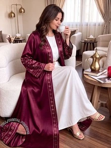 SHEIN Najma 花卉枝條印花深紅色緞面柔軟女款大尺碼優雅阿拉伯式長袍，春秋時尚長袖開襟長版外套，阿拉伯風服飾 - 彩色 - 查看 1