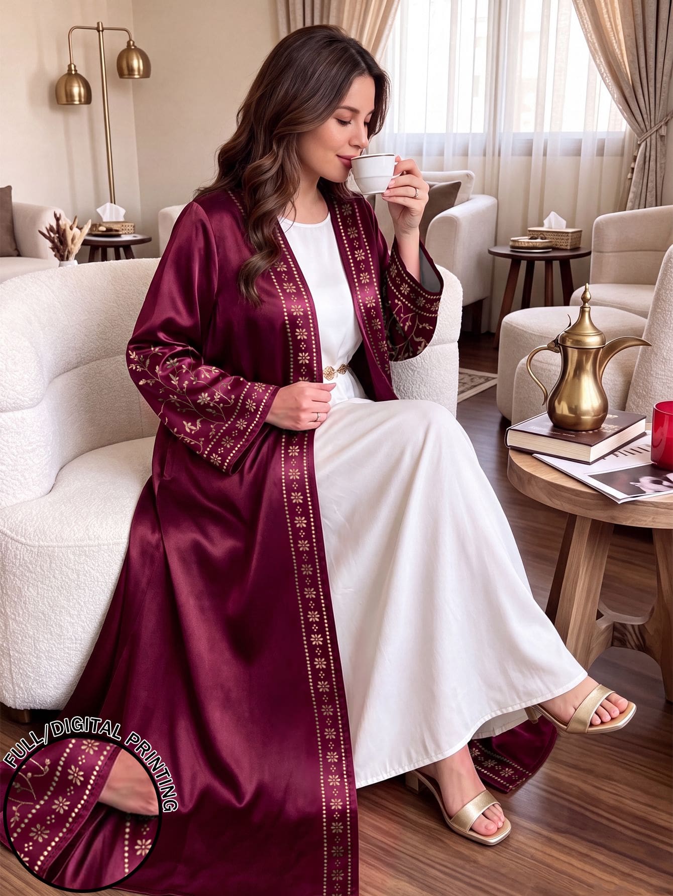 SHEIN Najma 花卉枝條印花深紅色緞面柔軟女款大尺碼優雅阿拉伯式長袍,春秋時尚長袖開襟長版外套,阿拉伯風服飾 - 彩色 - 查看 1