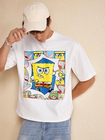 SpongeBob SquarePants | SHEIN Men's Cartoon Print Casual Versatile Daily Short Sleeve T-Shirt