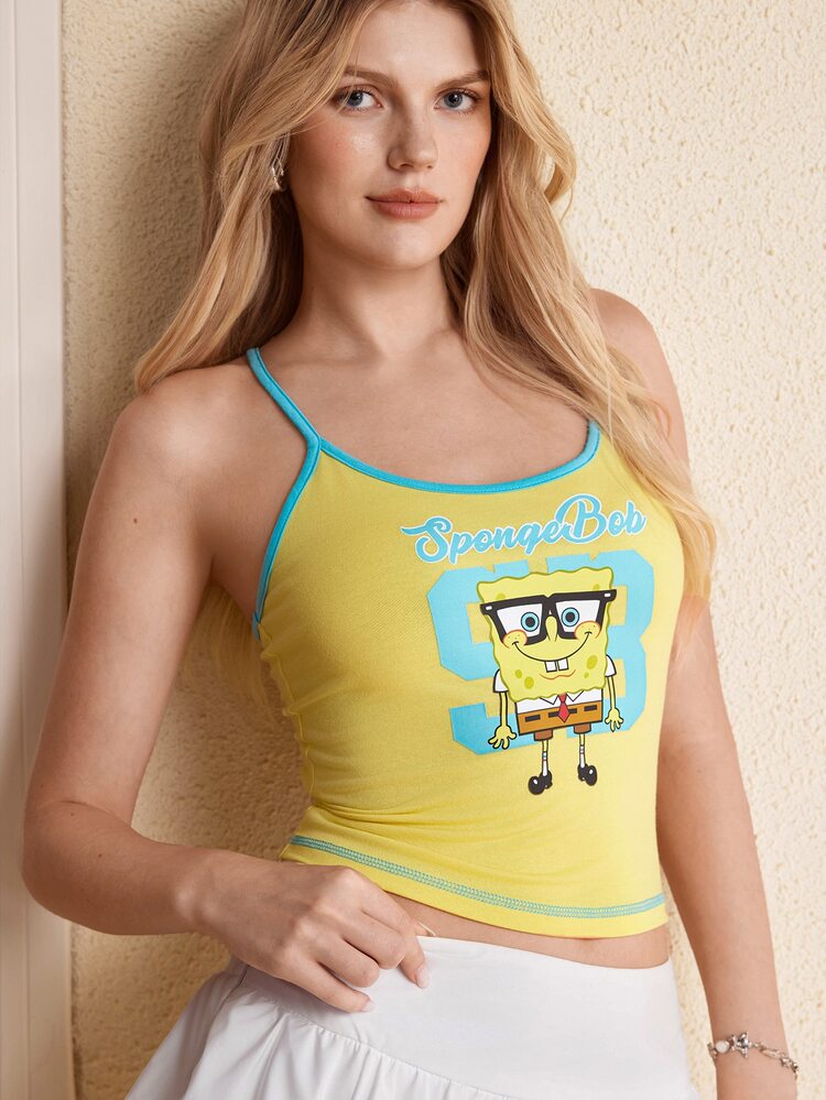 SpongeBob SquarePants | SHEIN 女款卡通印花休閒細肩帶背心 - 黃色 - 查看 5