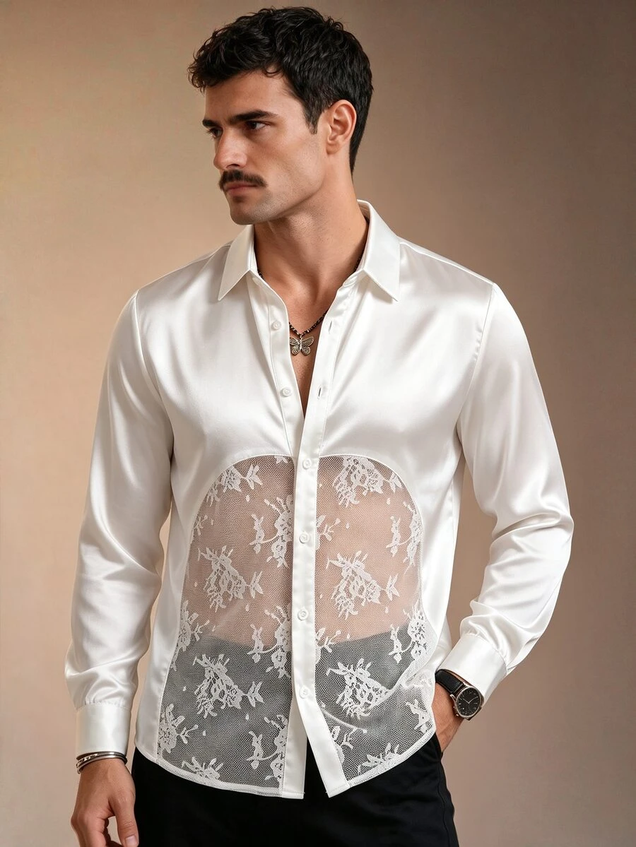 ZURIURI Men's Lace Patchwork Elegant Casual Shirt - White - View 1