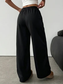 SHEIN 青少年女孩針織淺灰色寬鬆休閒抽繩口袋寬腿運動長褲 - 淺灰色 - 查看 2