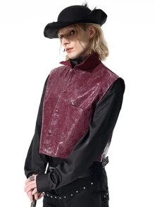 ROMWE MEN Casual Men's Solid Color PU Leather Fashion Versatile Suit Vest - Burgundy - View 7