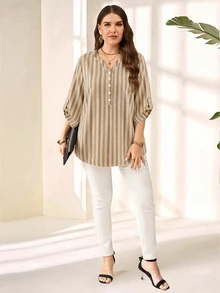 EMERY ROSE Khaki Striped Plus Size Shirt Suitable For Spring And Autumn - Multicolor - View 4