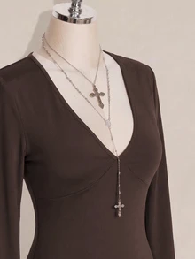 SHEIN ICON 女款大尺碼純色百褶休閒哥德風百搭日常T恤 秋季萬聖節夜店外出穿搭 深紫色 - 棕色 - 查看 8