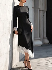SHEIN Women's Contrast Lace Round Neck Long Sleeve Elegant Asymmetric Hem Dress - Black - View 3