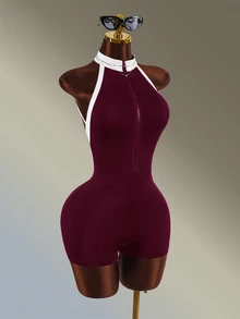 Amplova Women's Colorblock Backless Halter Neck Athletic Romper - Burgundy - View 2