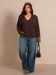 Elaquor Plus Size Women Solid Color V-Neck Drop Shoulder Long Sleeve Loose Pullover Sweater - Brown - View 4