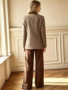 SHEIN 女款千鳥格翻領長袖夾克與長褲套裝 - 咖啡棕 - 查看 2