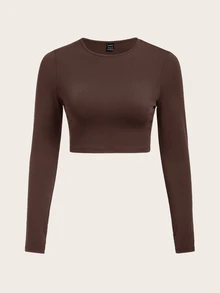 SHEIN BASICS 女款純色圓領短版上衣，黑色 - 棕色 - 查看 1