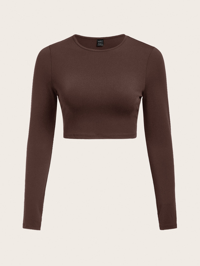 SHEIN BASICS Solid Round Neck Crop Tee Tops For Women Dark Brown Tops Everyday Autumn Casual