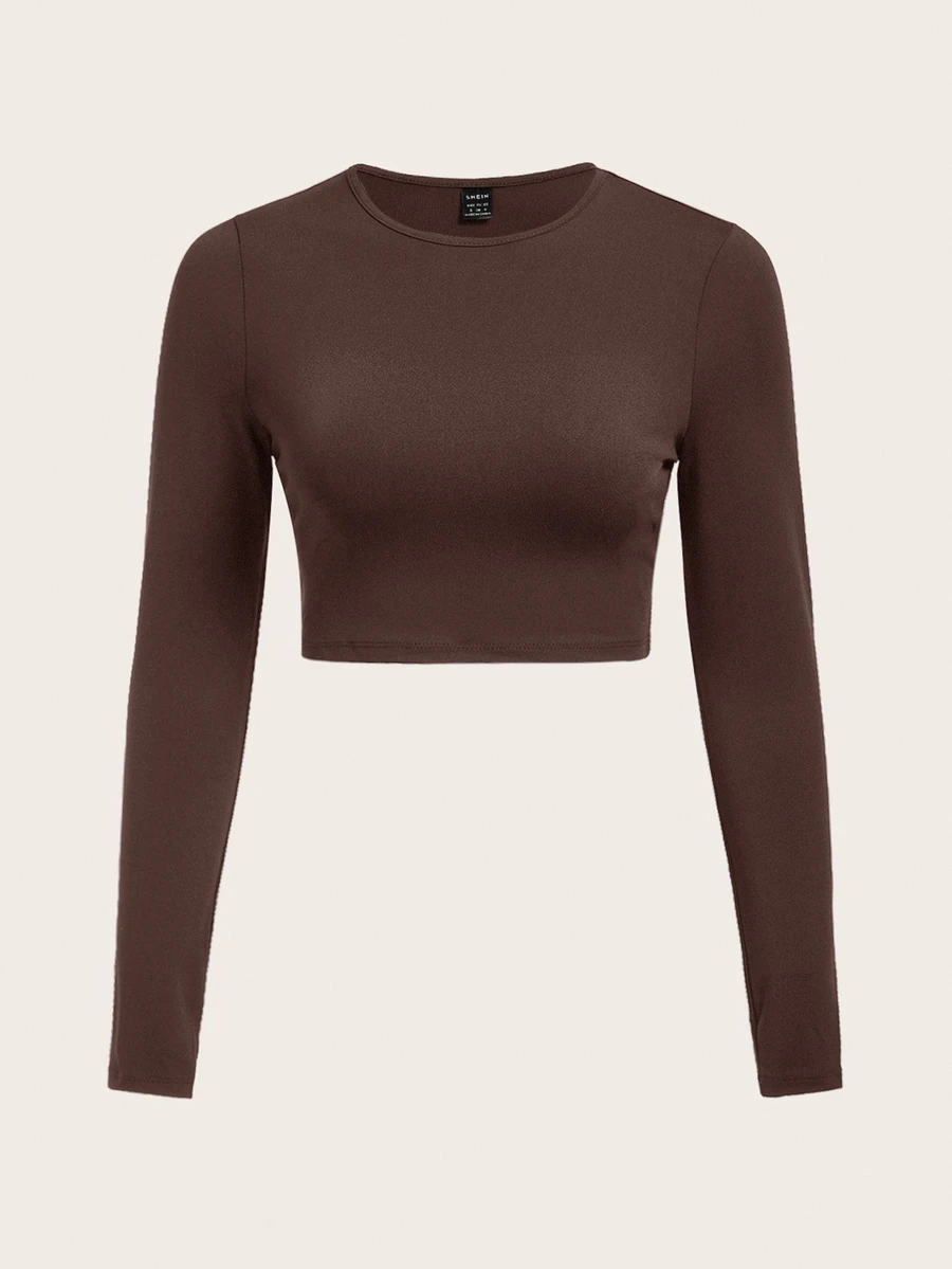SHEIN BASICS 女款純色圓領短版上衣，黑色 - 棕色 - 查看 1