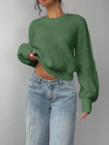 SHEIN BASICS كنزة صوفية محبوكة نسائية كاجوال بلون موحد وياقة دائرية وأكمام طويلة ملابس شتوية - أخضر - مشاهدة 3