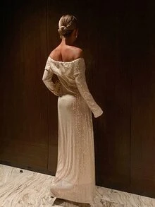 Livesso Women's Solid Color Off Shoulder Long Sleeve Sequin Elegant Dress Fall - Apricot - View 2