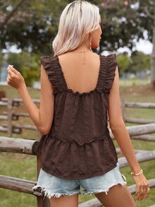 SHEIN VCAY Plus Size Women's Vacation Casual Flutter Sleeve Tank Top - Coffee Brown - View 2