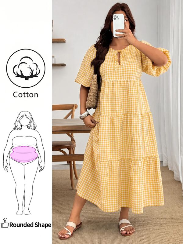 Enliva Plus Size Women's Blue Plaid Puff Sleeve V-Neck Multi-Layer Long Dress - Front Button Flowy Bohemian Style Vacation Casual Dress