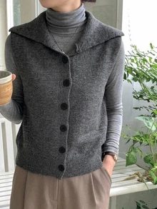 DAZY Rompi Rajut Leher Tinggi Abu-abu Gelap untuk Melangsingkan Tubuh Wanita Musim Gugur/Dingin, Rompi Sweater Bolak-balik untuk Pakaian Berlapis - Grey - View 4