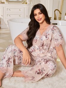 MuseNap CURVE Women's Plus Size V-Neck Lace Trim Velvet Printed Pajama Set - Multicolor - View 1