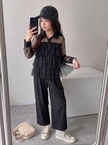 Dazy Kids 少女時尚分層網紗設計鈕扣上衣，適合日常穿著 - 黑色 - 查看 5
