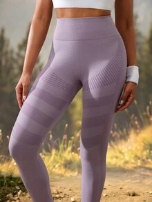 Exploreva Women's AB Yarn Gradient Horizontal Stripe Curved Pattern Seamless High Waist Yoga Pants, Hip Diagonal Texture Shaping Tummy Control Fitness Leggings, Multicolor Gradient Textured Butt Lifting Sports Base Layer - Purple - View 7
