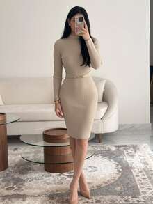 NOVVYNE Women's Knitted Stand Collar Metal Decor Fitted Bodycon Sweater Dress - Khaki - View 2