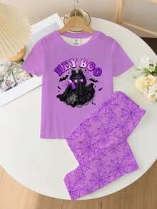 青少年女孩休閒極簡短袖長褲羅紋布料居家服，適合春夏，貼身剪裁 - 彩色 - 查看 3
