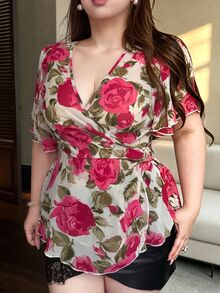 Vibekara Plus Size Spring/Summer Elegant Large Floral Print Ruffle Short Sleeve Blouse - Hot Pink - View 4