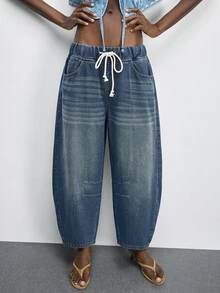 SHEIN ICON Plus Size Women's Drawstring Waist Pocket Casual Daily Travel Denim Jeans - Dark Wash - View 4