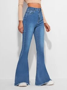 EMERY ROSE Raw Hem Flare Leg Vintage Jeans - Medium Wash - View 3