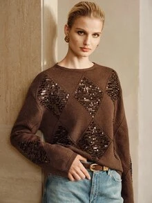 Arave Sweater Rajut Wanita Longgar Motif Argyle dengan Bordir Payet, Kasual Sehari-hari, Warna Polos, Serbaguna, Ukuran Besar, Leher Bulat, Lengan Panjang, Pullover - Coffee Brown - View 7
