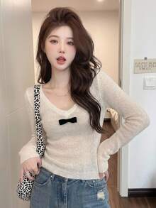 DAZY Atmospheric Bow Deep V-Neck Long Sleeve Knit Top, Sexy Style Soft Fluffy Top For Women Fall - Apricot - View 5