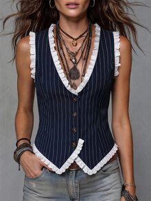 Solivie Women's Summer Bohemian Boho Vintage Elegant Romantic Lace Vest Top Autumn Outfit Blouses Dress Shirt Work Vacation For Women - Navy Blue - View 6