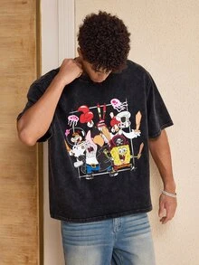 SpongeBob SquarePants | SHEIN Men's Cartoon Print Casual Versatile Daily Short Sleeve T-Shirt - Black - View 4
