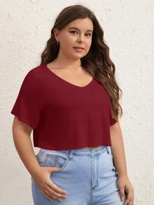SHEIN BASICS 大尺碼純色V領短版T恤女款夏季上衣套裝 - 酒紅色 - 查看 5