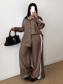 Maweii 女款2件套秋冬條紋休閒寬鬆印花上衣與大尺碼長褲 - 棕色 - 查看 1