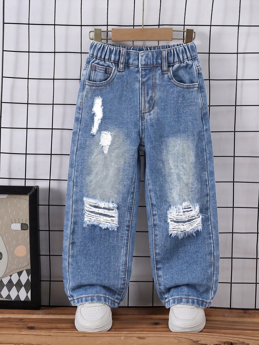 Young Boys Vintage Fashion Street Ripped Distressed Versatile Loose Comfortable Light Blue Straight Leg Denim Jeans - Light Wash - View 1