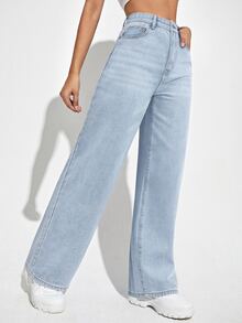 SHEIN PETITE Women's High Waist Straight Leg Loose Casual Denim Jeans With Pockets - Light Wash - View 4