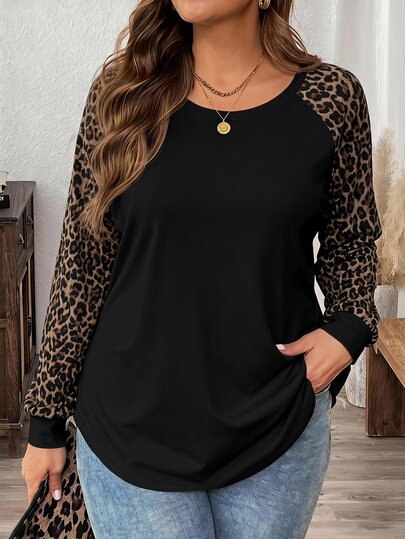 Comfylo Vintage Leopard Print Plus Size Women's Casual Raglan Sleeve Crew Neck Loose Fit T-Shirt Suitable For Spring And Autumn