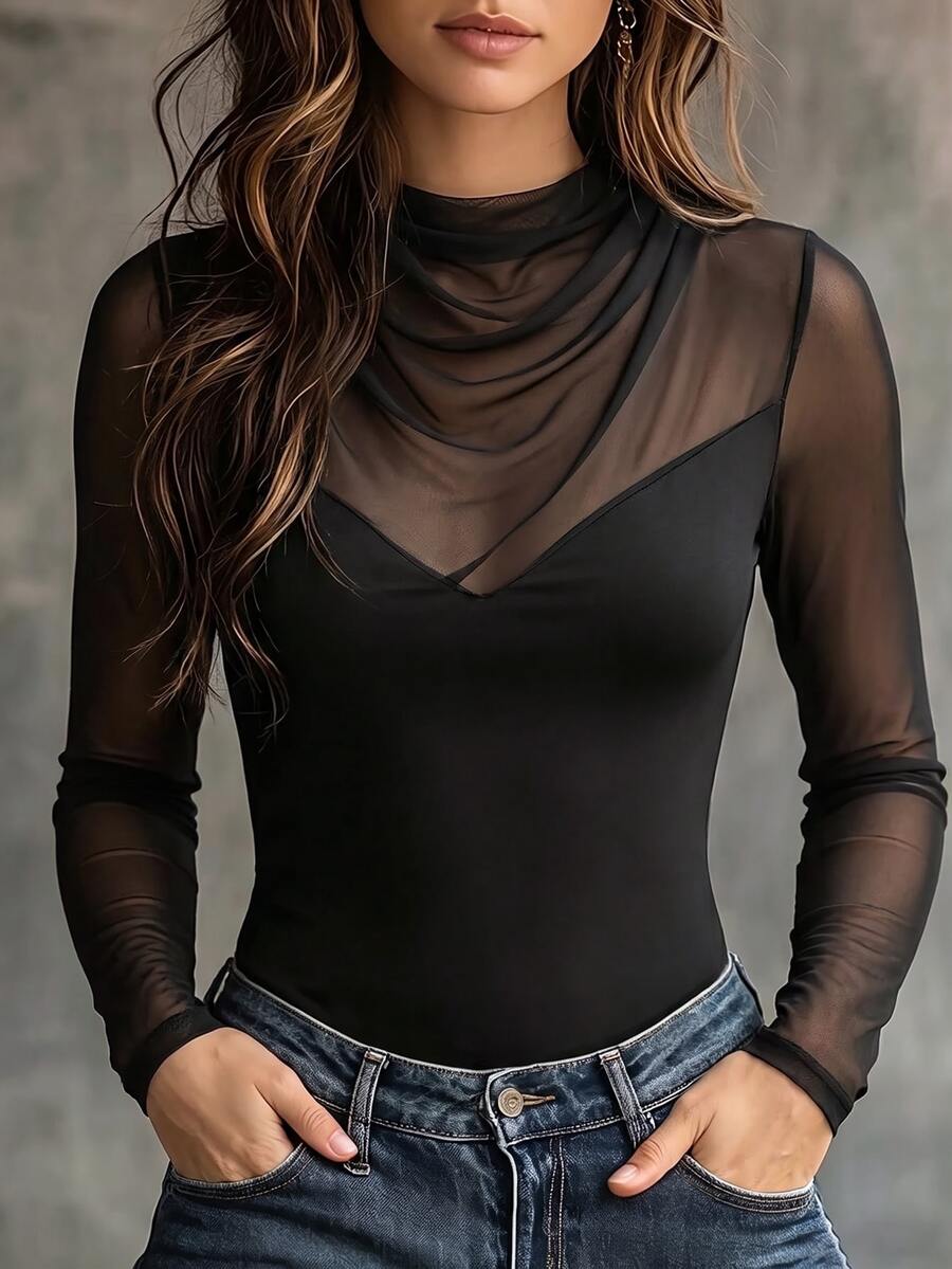 EMERY ROSE Women's Solid Color Stand Collar Long Sleeve Pleated Fashion Top - Beige - View 1