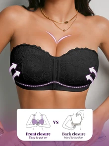SHEIN Women's Sexy Lace Wireless Front Closure Push-Up Backless Invisible Bra 2pcs/Set - Black and White - View 4