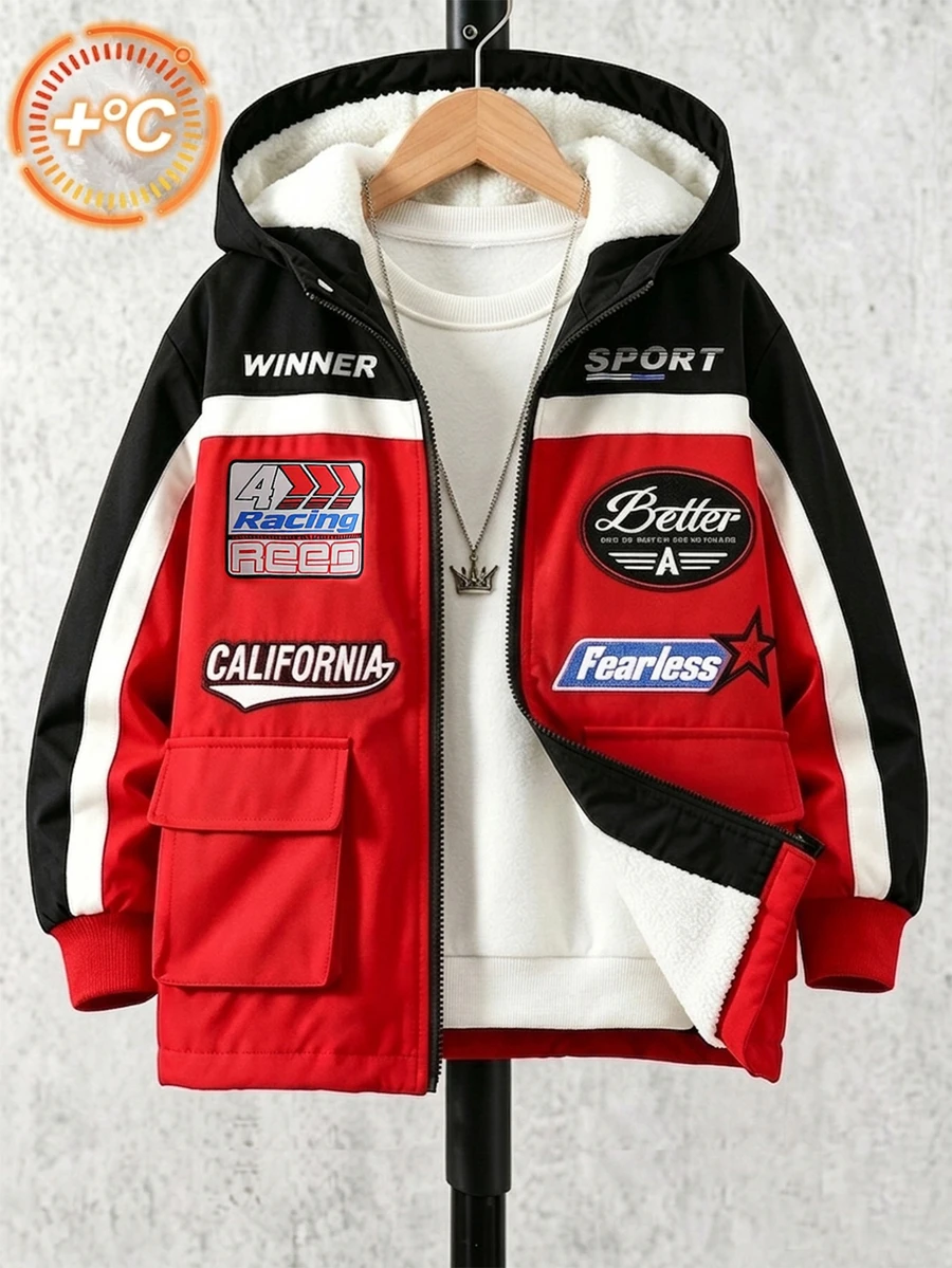 Big Boys Winter Hooded Racing Jacket Red Black Color Block Patch Letter Print Fleece Lined Zip Up Outerwear For Sports Outdoor Daily - Red - View 1