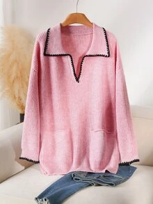 CosyJoli Plus Size Soft Pink Polo Collar Knit Sweater Women Autumn/Winter Contrast Color Trim Loose Ribbed Slouchy Pullover Top Graduation Home Wear Formal Casual Elegant - Pink - View 6