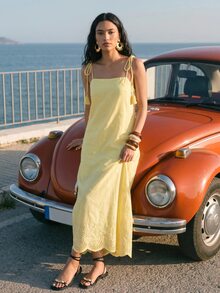 CAJUNI Women's Solid Color Casual Tropical Romantic Daily Vacation Brunch Summer Travel Spaghetti Strap Dress Yellow - Yellow - View 3