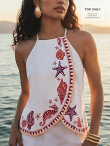 CAJUNI Top With Wrap-Style Front And Halter Neck, Sea Element Print. - White - View 7