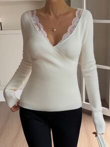 DAZY Women's Solid Color Contrast Lace V-Neck Long Sleeve Slim Fit Elegant Sweater Fall - Beige - View 4