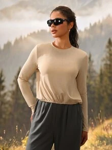 Exploreva Women's Apricot Back Tie Long Sleeve Outdoor T-Shirt - Apricot - View 6