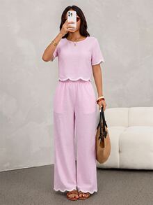 SHEIN PETITE 2件組女款夏季休閒黑白格紋對比色圓領短袖上衣與長褲套裝 - 粉色 - 查看 4