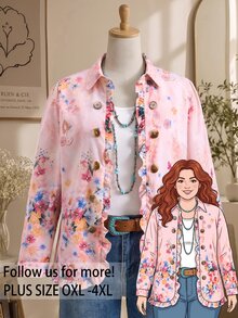 Rusticease Plus Size Vintage Floral Print Ruffle Collar Button Front Jacket Fall Winter 2026 - Multicolor - View 1